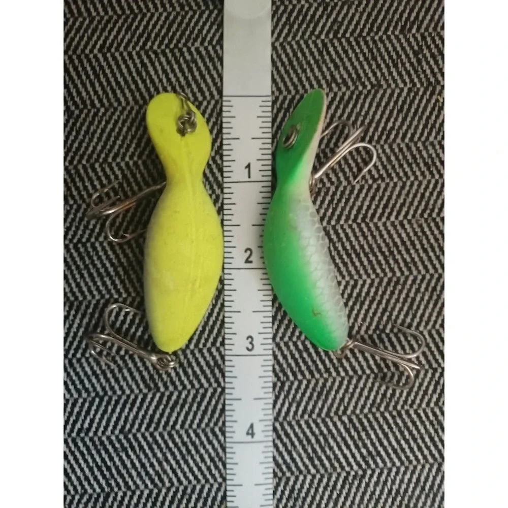 2 VTG Heddon Clatter Tad Rattle Lures Fluorescent Green & Yellow Crawdad 3